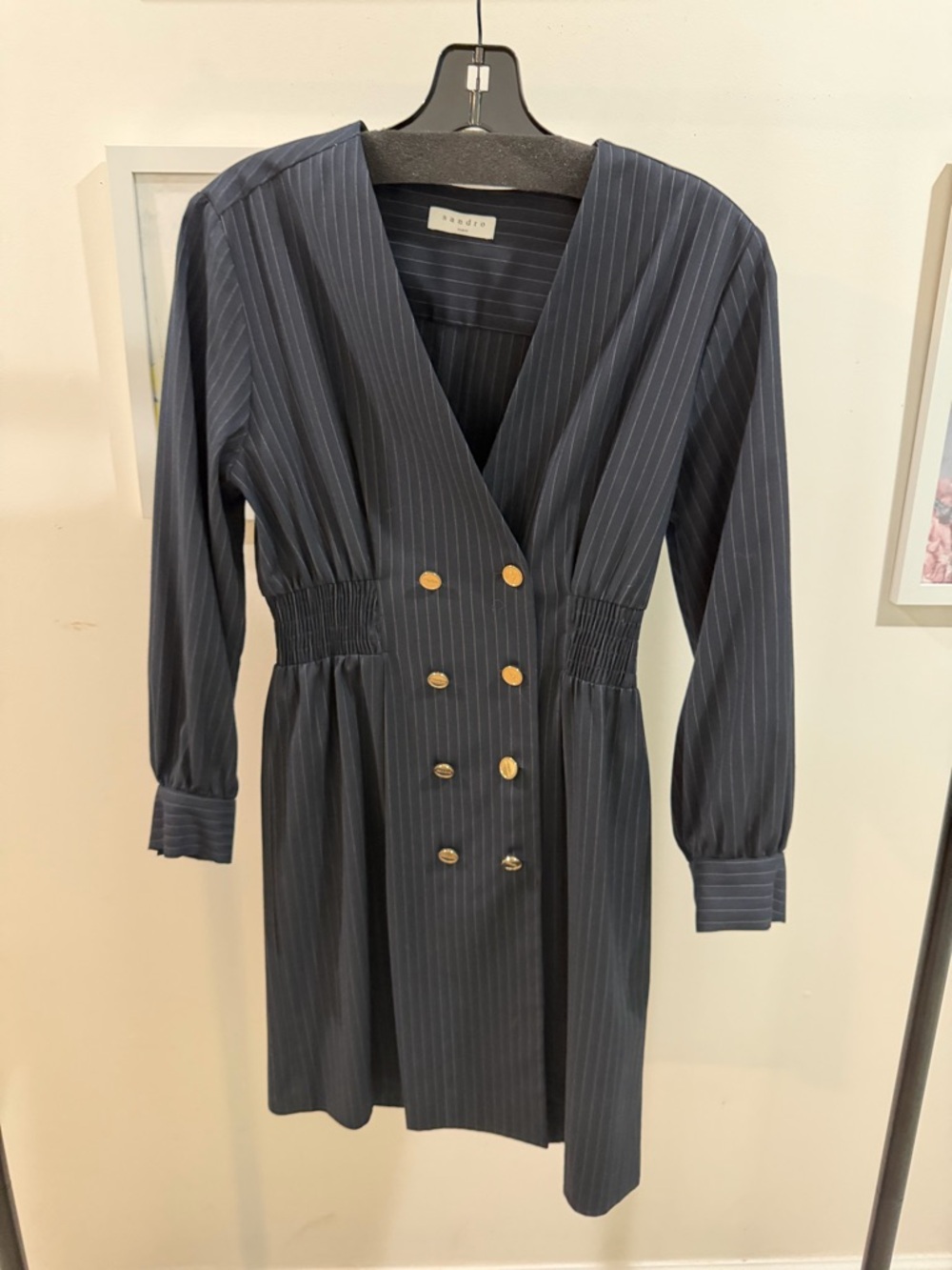 Sandro Navy Pinstripe Double-Breasted Long Sleeve Dress